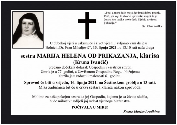 OBAVIJEST O SMRTI : Preminula je sestra Marija Helena od Prikazanja, klarisa (Kruna Ivančić)